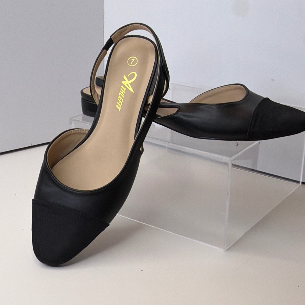 Athlefit Black Slingback Flats Pointed Cap Toe Low Block Heel Womens Size 7